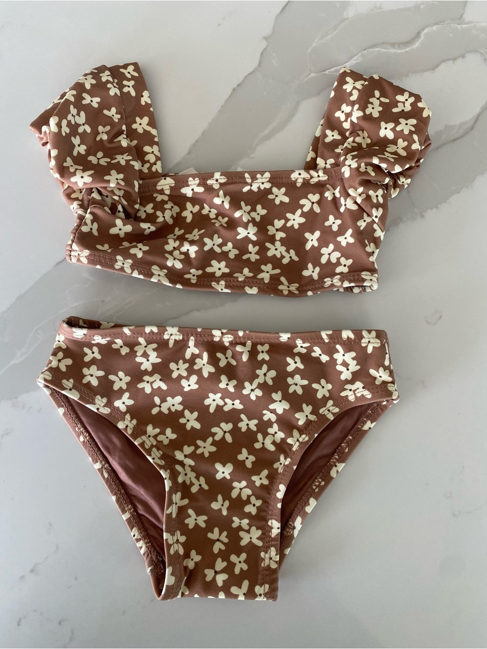 Quincy Mae zippy Brown summer bloom Floral puff sleeve Ruffle 2-Piece Swimsuit